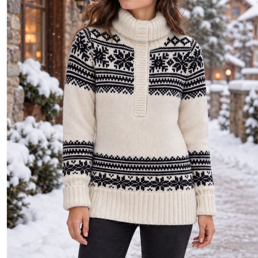 J.Crew Nordic Fair Isle Snap Neck Sweater Small Cream Black Cozy Après Ski Knit